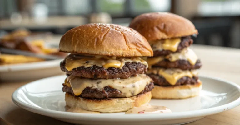 Nahaufnahme eines Smash Burgers mit Baconnaise Sauce auf einem weißen Teller, serviert mit geschmolzenem Käse und knusprigem Patty