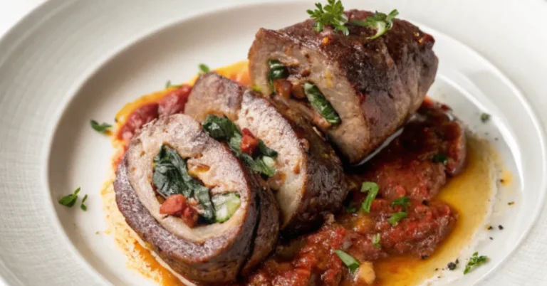 Nahaufnahme von Italienischem Gefülltem Flanksteak, serviert auf einem weißen Teller, mit weichem, natürlichem Licht