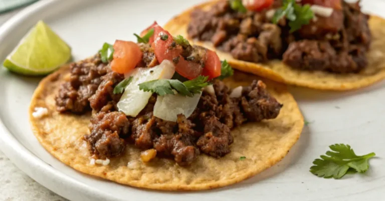 Close-up of Tostadas mit Hackfleisch served in a white plate with fresh toppings like avocado, cilantro, and salsa