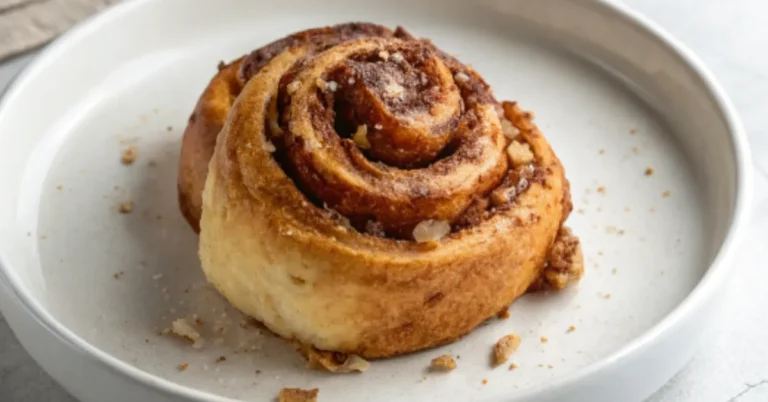 Zimtschnecken aus Blätterteig auf einem weißen Teller, in natürlichem Licht fotografiert
