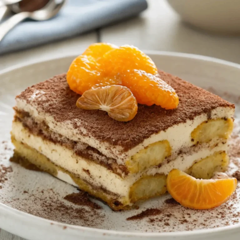 Fruchtiges Quark-Tiramisu mit Mandarinen auf weißem Teller, natürlich beleuchtet und realistisch fotografiert