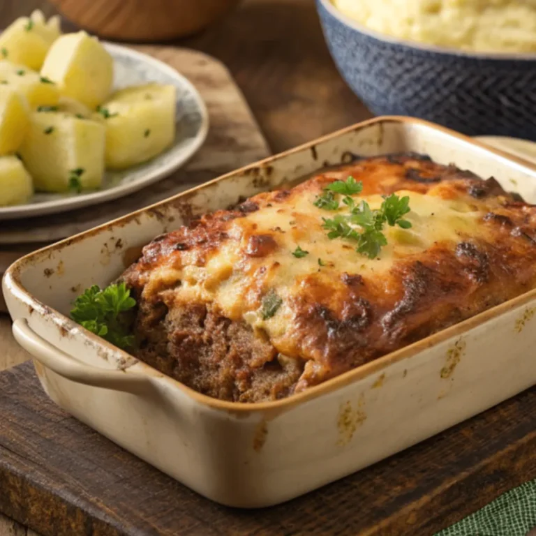 Herzhafter Käsig gefüllter Hackbraten-Auflauf mit geschmolzenem Käse, serviert mit Kartoffelpüree und Gemüse