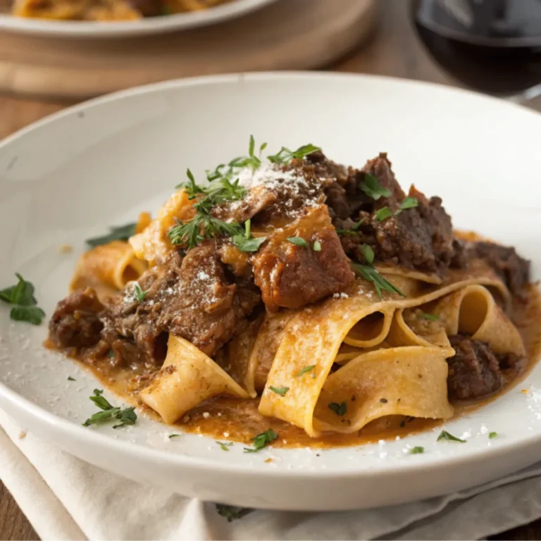 Ultra-realistische Nahaufnahme von Short Rib Beef Ragu mit Pappardelle Pasta auf einem weißen Teller, fotografiert mit natürlichem Licht