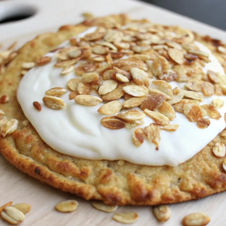 Nahaufnahme eines frisch gebackenen Haferflocken-Joghurt-Fladens auf einem weißen Teller, serviert auf rustikalem Holztisch