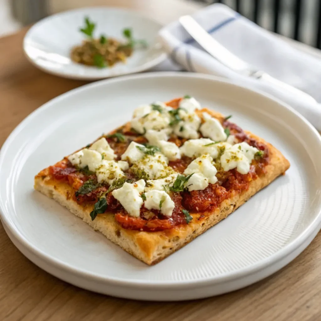 Einfaches Feta-Fladenbrot auf einem weißen Teller, frisch gebacken und weich, serviert auf Holztisch
