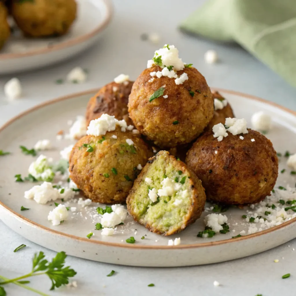 Knusprige Zucchini-Feta-Bällchen serviert auf einem weißen Teller mit natürlichem Licht aufgenommen