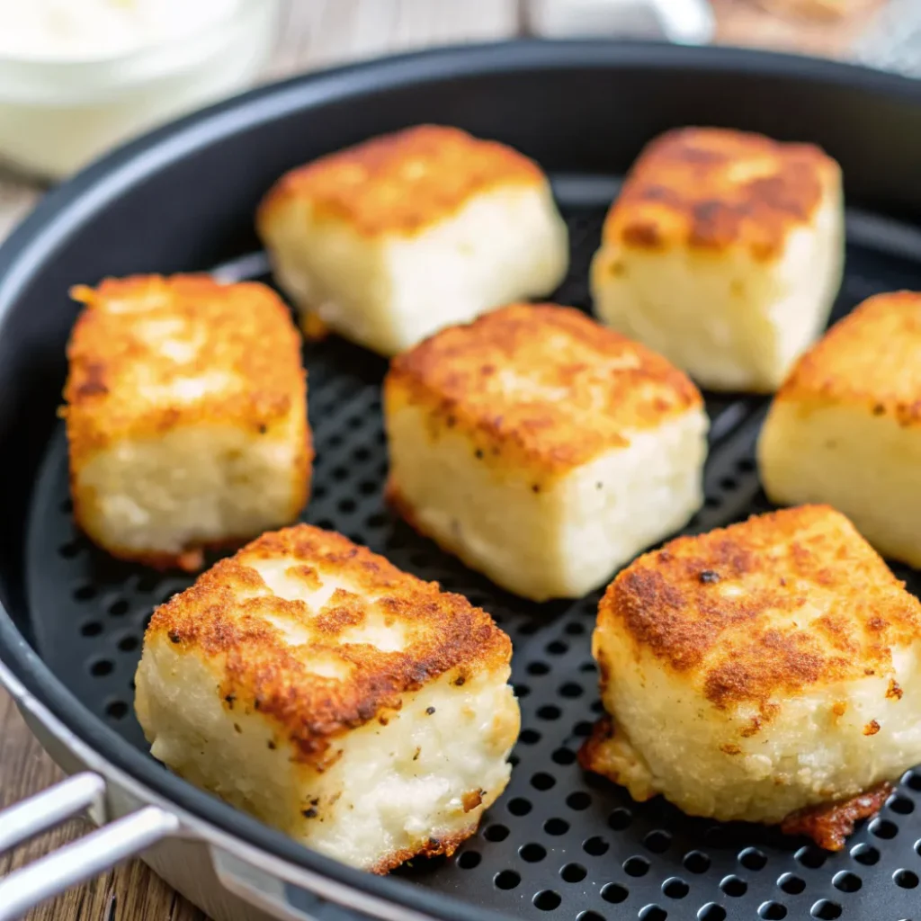 Knusprige Feta-Häppchen aus dem Airfryer auf einem Teller mit Dip und Kräutern serviert