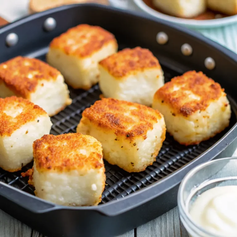 Knusprige Feta-Häppchen aus dem Airfryer auf einem Teller mit Dip und Kräutern serviert