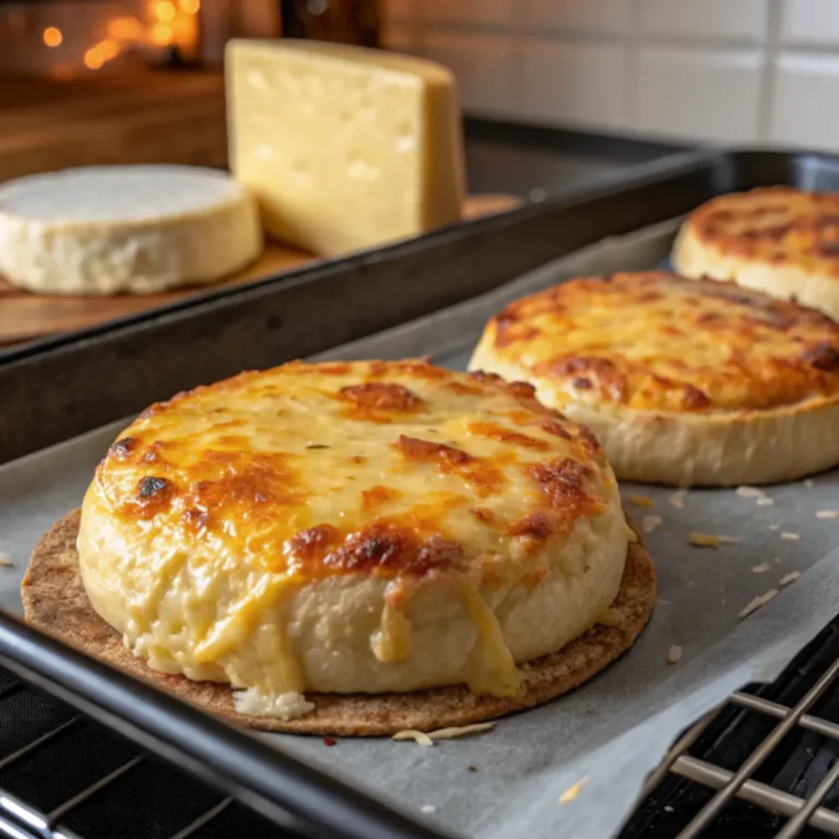Goldbraune Hüttenkäsetaler aus dem Ofen mit frischem Salat und Joghurt-Dip auf einem rustikalen Teller