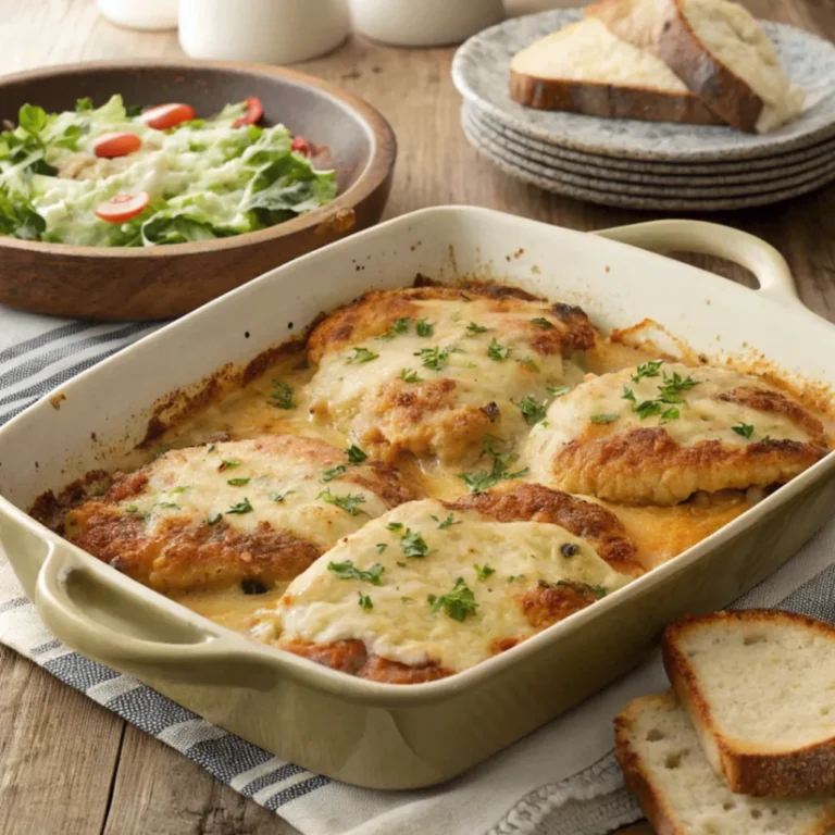 Goldbraun überbackene Partyschnitzel aus dem Ofen mit geschmolzenem Käse und cremiger Sauce in einer Auflaufform