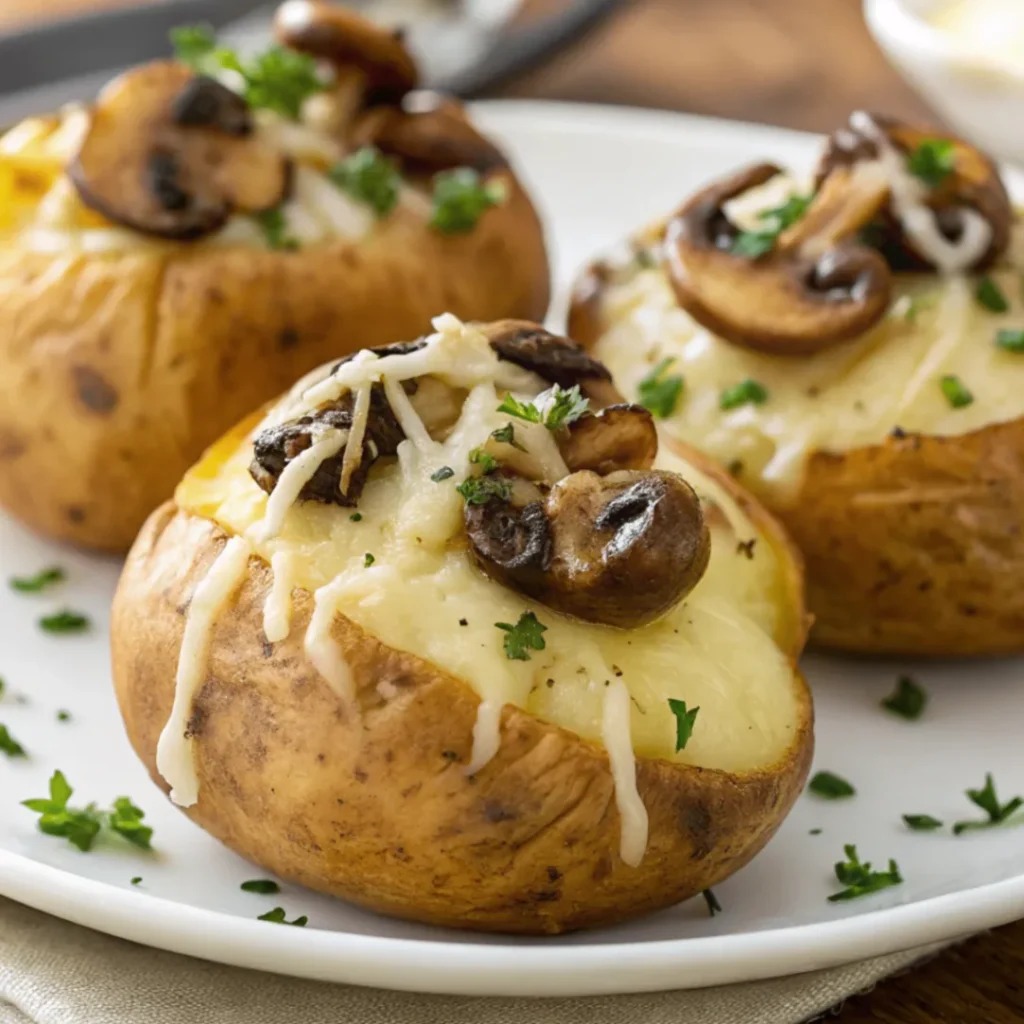 Vegetarische Kartoffeltaschen gefüllt mit Frischkäse und Champignons, serviert mit frischem Salat und Dip