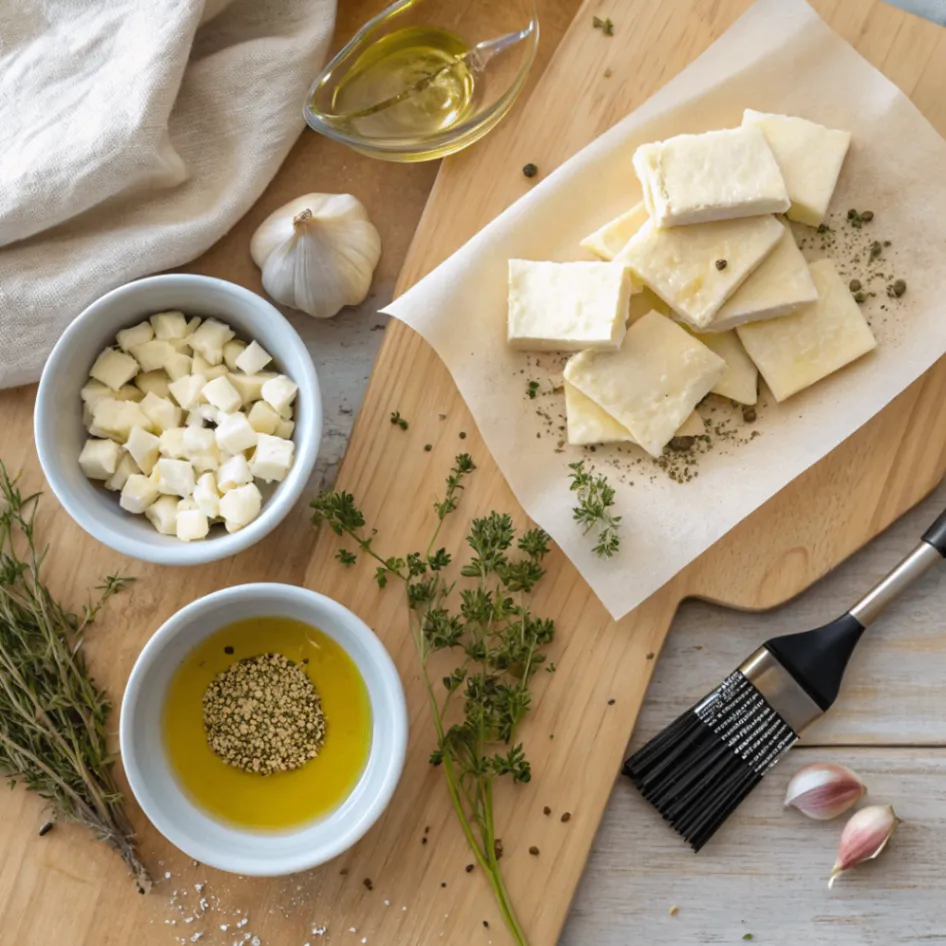 Zutaten für Feta-Häppchen aus dem Airfryer mit Feta, Filoteig, Olivenöl, Sesam und Kräutern auf einem Holztisch