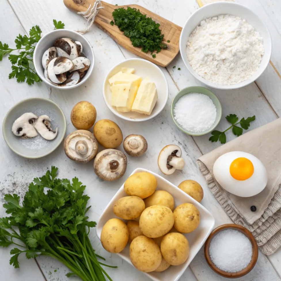 Entdecke die frischen Zutaten, die du für die Zubereitung von leckeren Kartoffeltaschen mit Frischkäse & Champignons brauchst