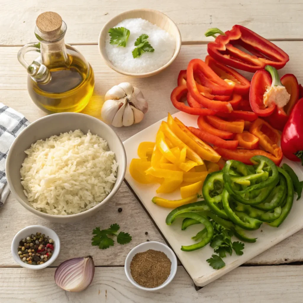 Alle Zutaten auf einen Blick: Frische Paprika, lockerer Reis, würzige Zwiebeln, Knoblauch und aromatische Gewürze – die Basis für deine schnelle und gesunde Paprikapfanne mit Reis