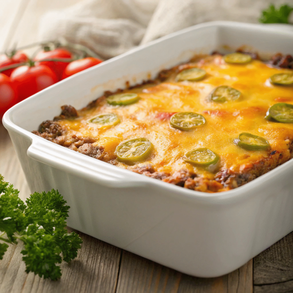 Frisch gebackener Low Carb Cheeseburger-Auflauf mit geschmolzenem Cheddar, Rinderhack und Gurken in einer weißen Auflaufform