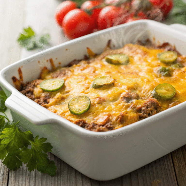 Frisch gebackener Low Carb Cheeseburger-Auflauf mit geschmolzenem Cheddar, Rinderhack und Gurken in einer weißen Auflaufform