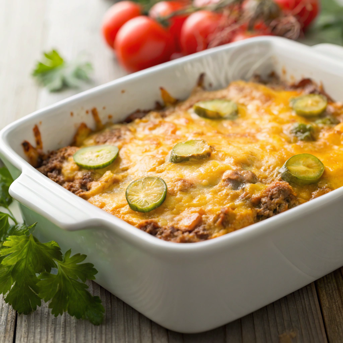 Frisch gebackener Low Carb Cheeseburger-Auflauf mit geschmolzenem Cheddar, Rinderhack und Gurken in einer weißen Auflaufform