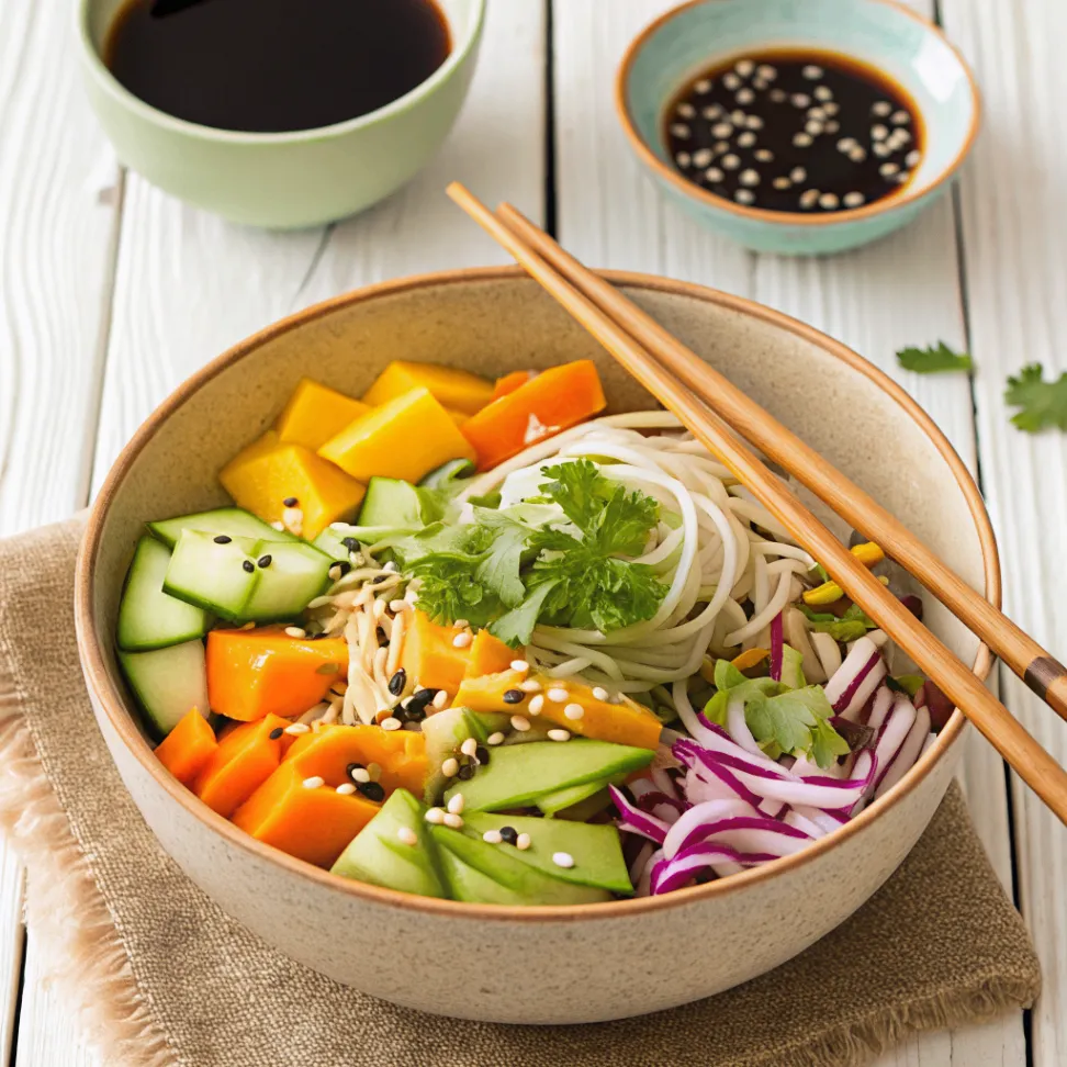 Asiatischer Spitzkohl-Mango-Salat mit Karotten, Frühlingszwiebeln und Sesam in einer Schüssel serviert