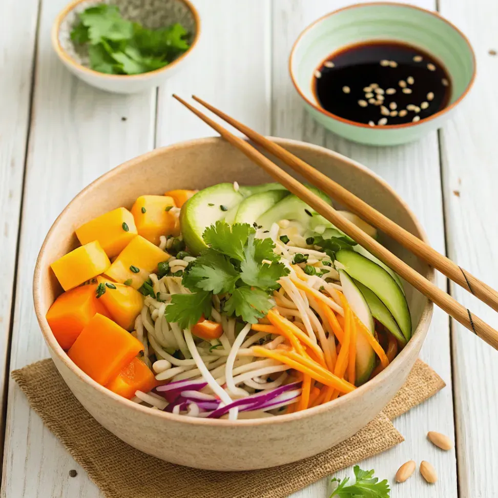 Asiatischer Spitzkohl-Mango-Salat mit Karotten, Frühlingszwiebeln und Sesam in einer Schüssel serviert