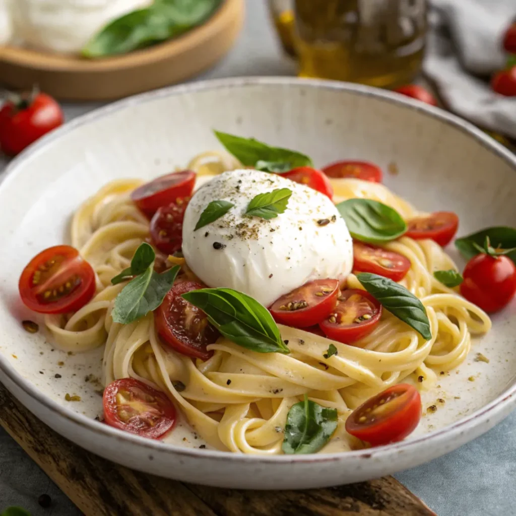 Cremige Burrata-Pasta mit Kirschtomaten, frischem Basilikum und geschmolzener Burrata im weißen Teller serviert