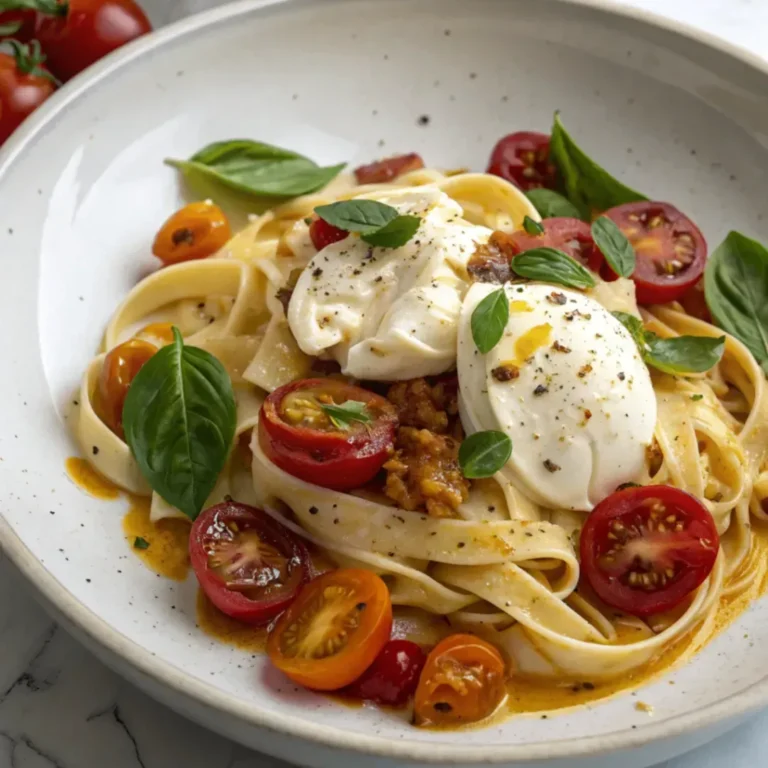 Cremige Burrata-Pasta mit Kirschtomaten, frischem Basilikum und geschmolzener Burrata im weißen Teller serviert