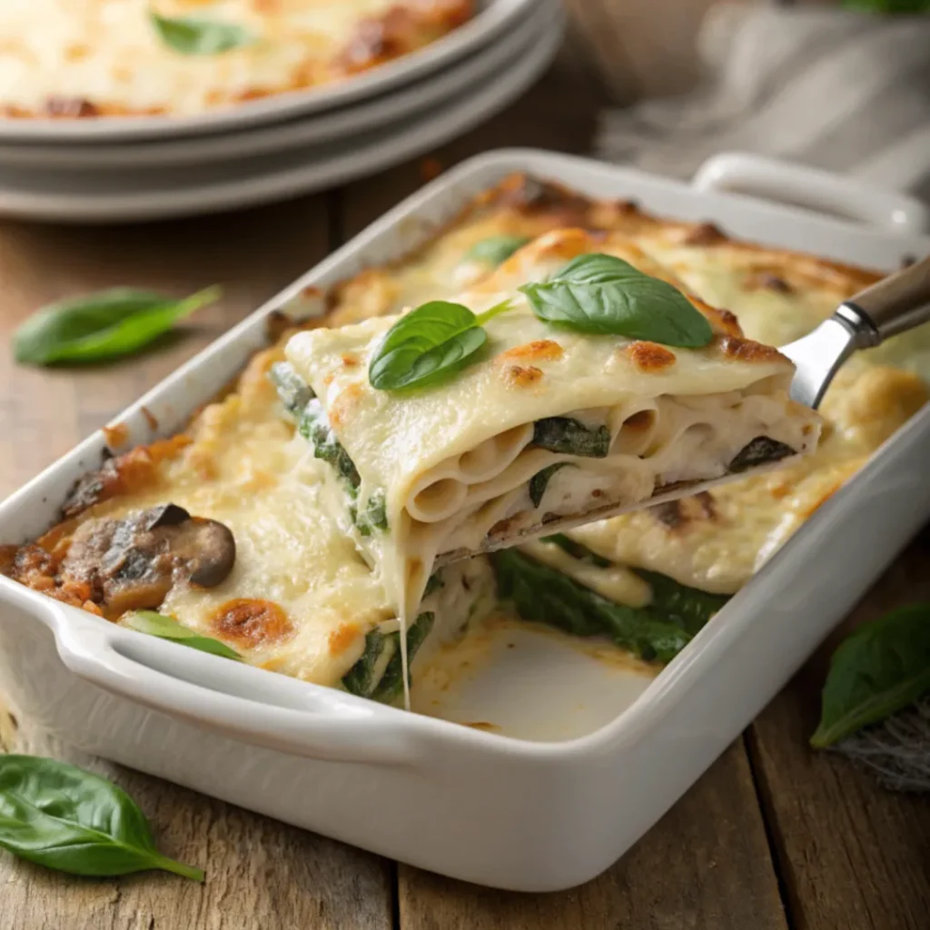 Frisch gebackene cremige Lasagne mit Blattspinat und Champignons in einer Auflaufform mit goldbrauner Käsekruste