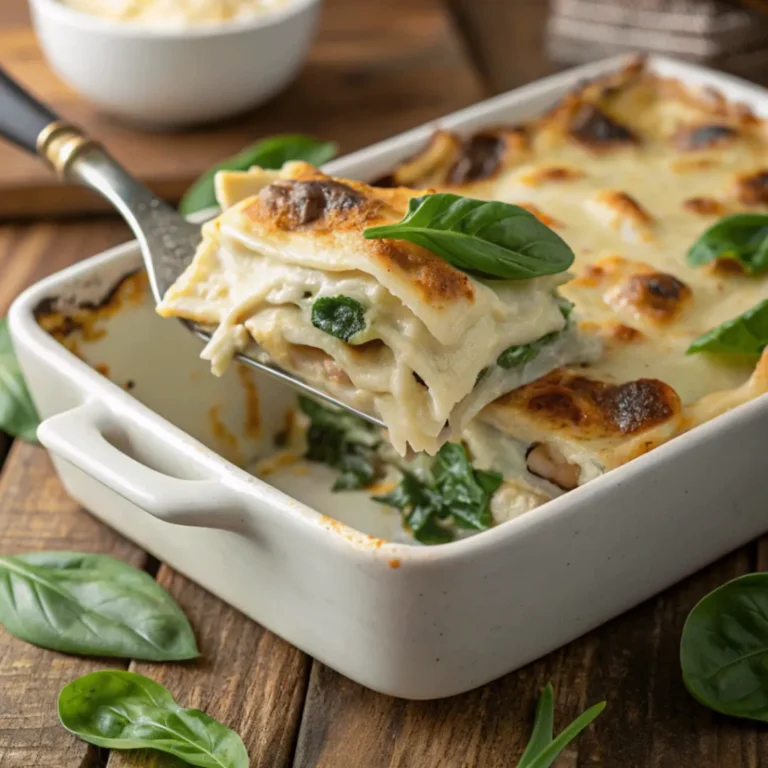 Frisch gebackene cremige Lasagne mit Blattspinat und Champignons in einer Auflaufform mit goldbrauner Käsekruste