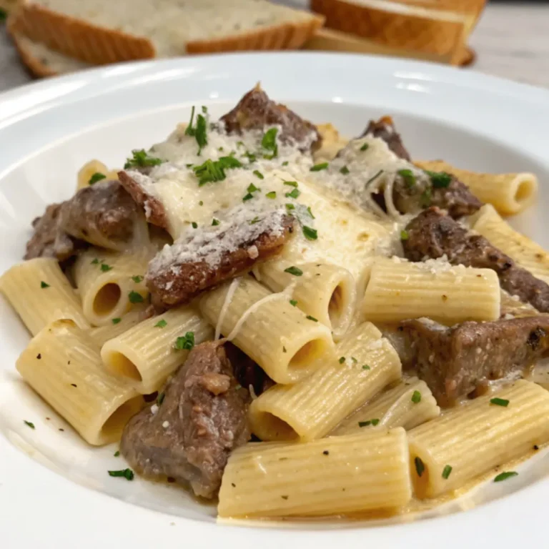 Cremiges Parmesan Rindfleisch mit Rigatoni Pasta auf einem Teller mit frischer Petersilie und Parmesan bestreut