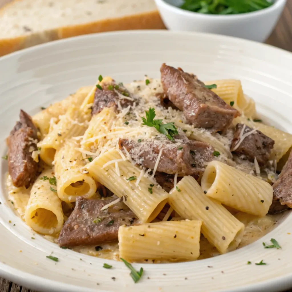 Cremiges Parmesan Rindfleisch mit Rigatoni Pasta auf einem Teller mit frischer Petersilie und Parmesan bestreut