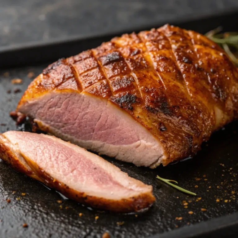 Knusprige Entenbrust im Airfryer mit goldbrauner Haut und zartrosa Fleisch, angerichtet mit Rotkohl und Kräutern