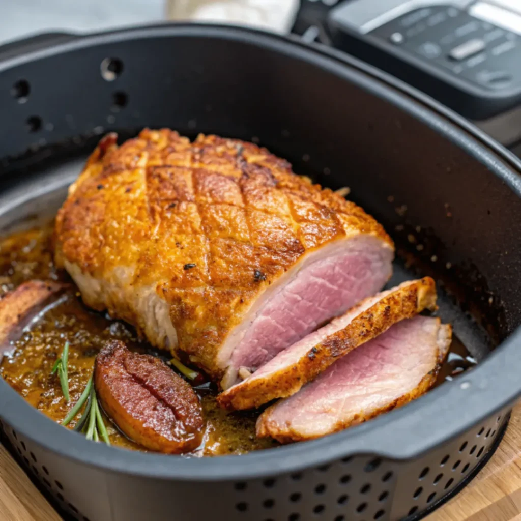 Knusprige Entenbrust im Airfryer mit goldbrauner Haut und zartrosa Fleisch, angerichtet mit Rotkohl und Kräutern