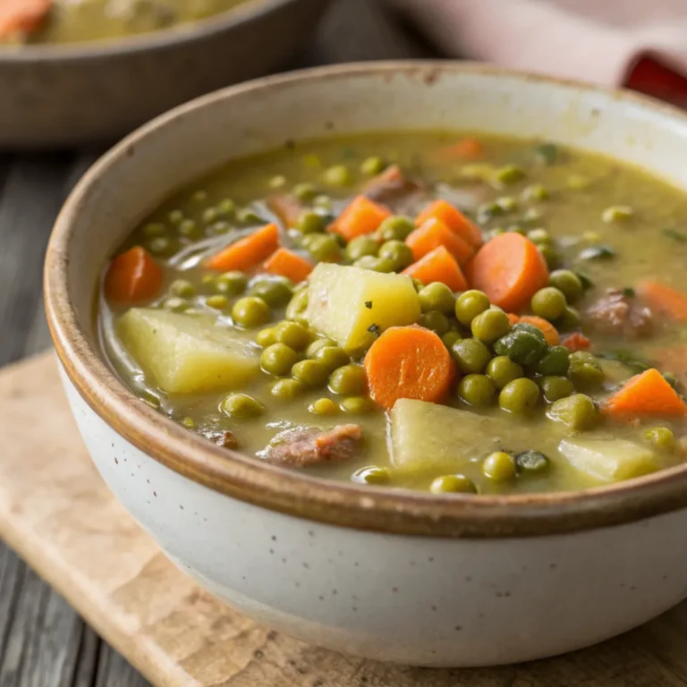 Hausgemachter Erbseneintopf nach Bundeswehrrezept mit Wurst, Kartoffeln und Gemüse