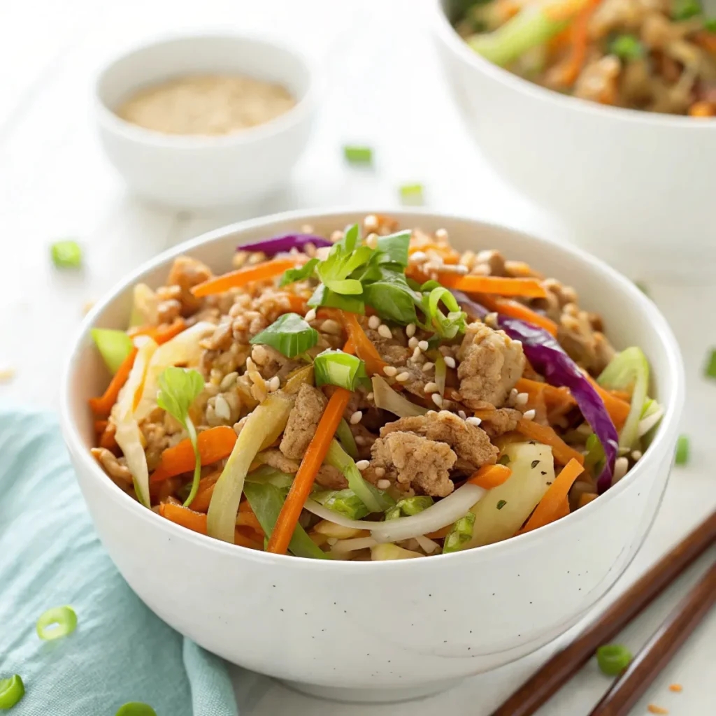 Bunte Gesunde Egg Roll in a Bowl mit Kohl, Karotten, Hackfleisch und Sesam, serviert in einer weißen Schale