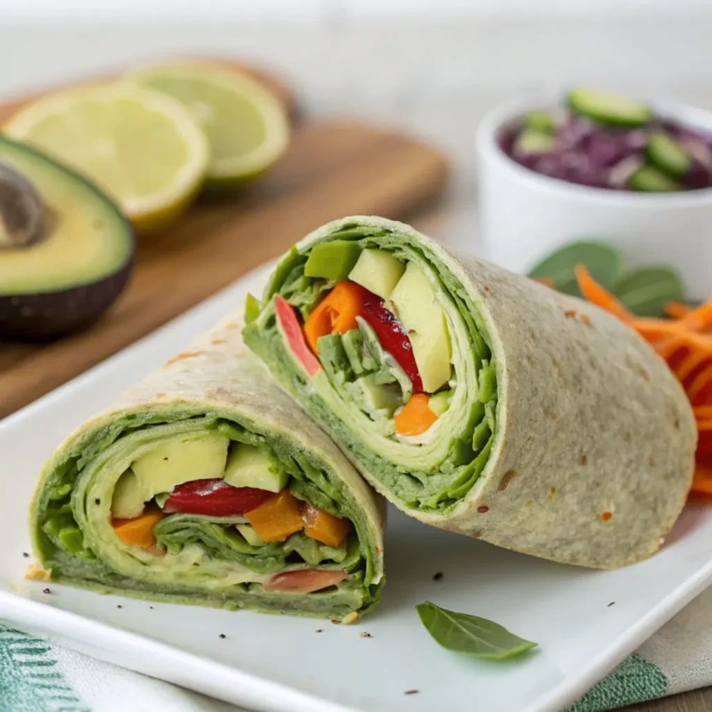 Gesunde Gemüserolle mit Avocadocreme gefüllt, mit Karotten, Gurken und Paprika, serviert auf einem Holzbrett