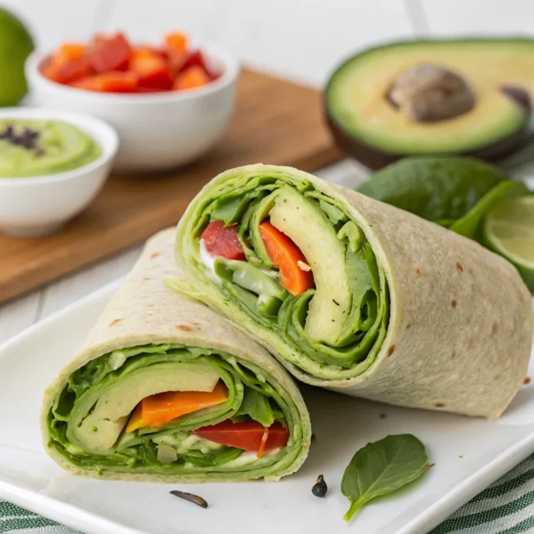 Gesunde Gemüserolle mit Avocadocreme gefüllt, mit Karotten, Gurken und Paprika, serviert auf einem Holzbrett