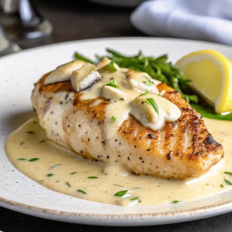 Cremiges Hähnchen mit Knoblauch-Parmesan Soße serviert auf Pasta mit frischer Petersilie