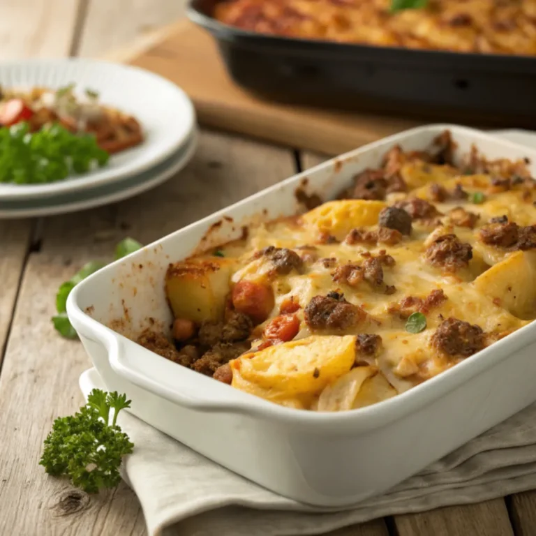 Frisch gebackener Arme-Leute-Auflauf mit goldbraunem Käse überbacken – einfaches, günstiges Ofengericht
