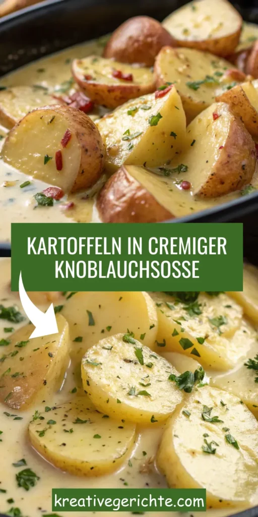 Cremige Kartoffeln in Knoblauchsoße als köstliche Beilage, perfekt zu Fleisch, Fisch oder vegetarischen Gerichten