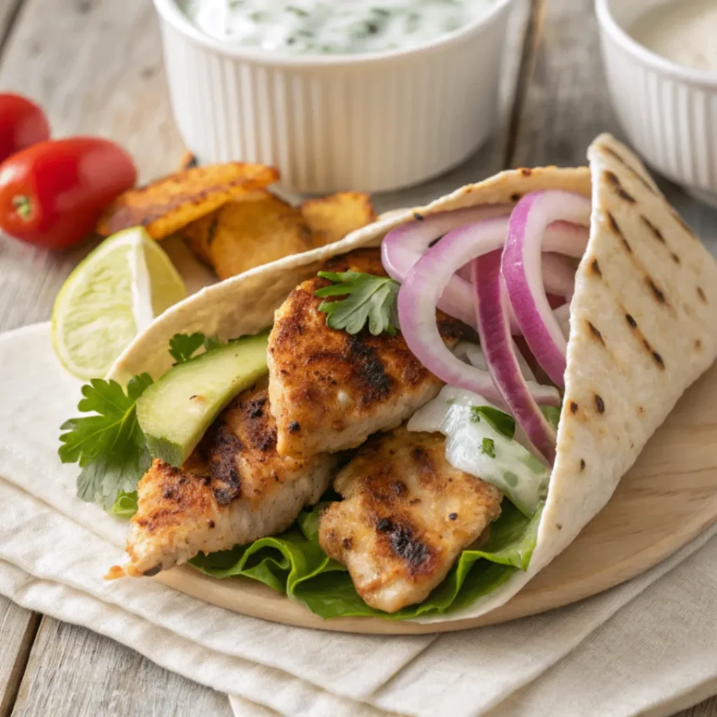 Mediterranes Hähnchen-Gyros mit Zwiebeln, Tzatziki und Fladenbrot auf einem weißen Teller