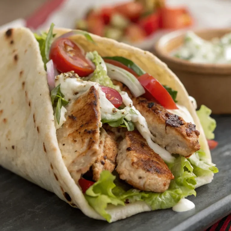 Mediterranes Hähnchen-Gyros mit Zwiebeln, Tzatziki und Fladenbrot auf einem weißen Teller