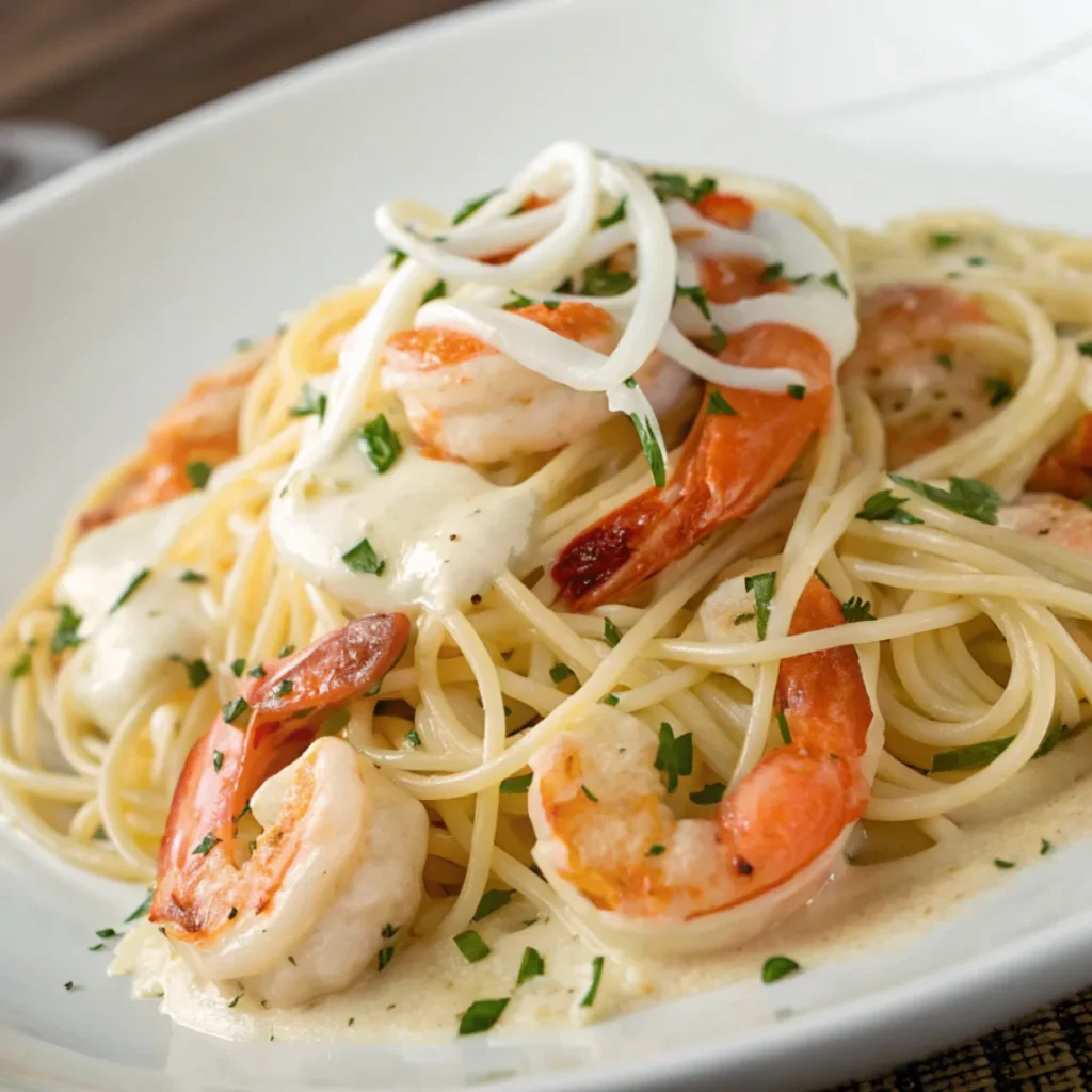 Cremige Spaghetti mit Garnelen in Frischkäsesauce auf Teller, garniert mit Kräutern und Zitrone