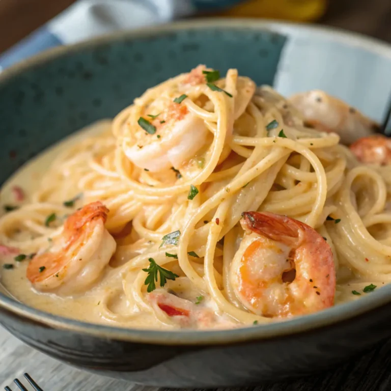 Cremige Spaghetti mit Garnelen in Frischkäsesauce auf Teller, garniert mit Kräutern und Zitrone
