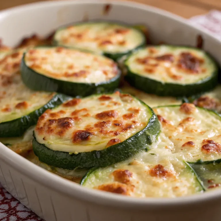 Zucchinischeiben mit goldbraun überbackenem Käse auf einem Teller, garniert mit frischen Kräutern