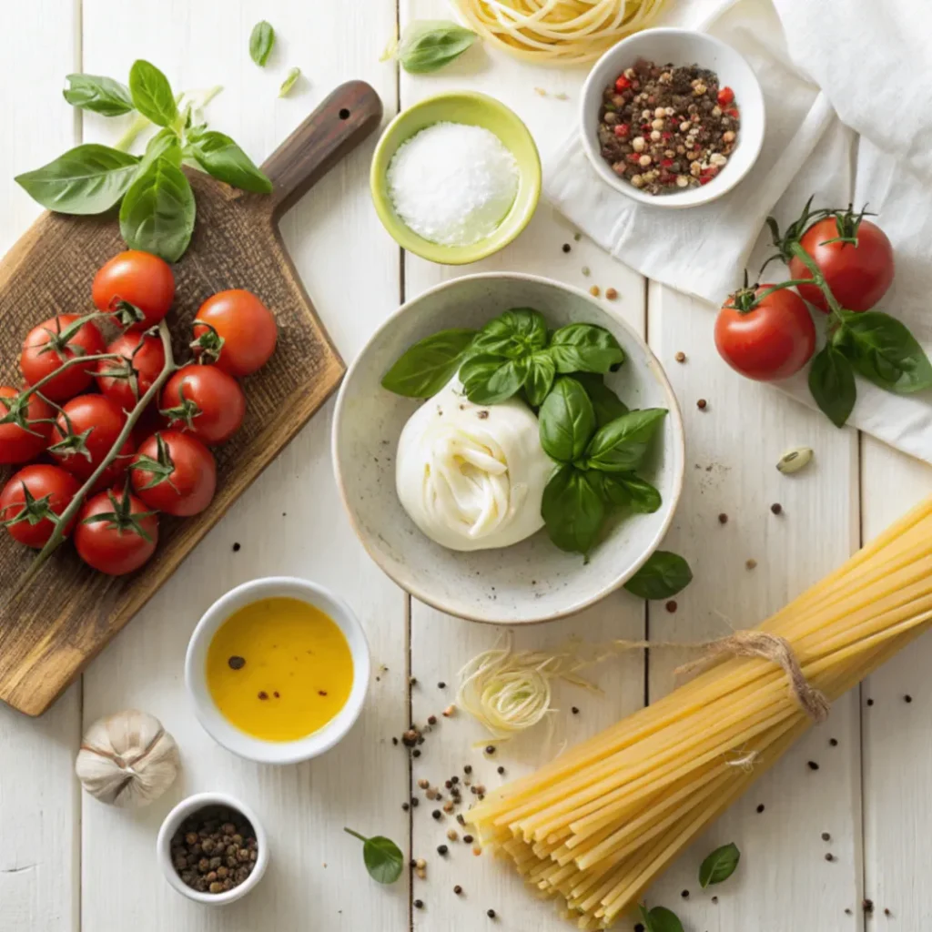 Frische Zutaten für cremige Burrata-Pasta mit Tomaten – Burrata, Pasta, Tomaten, Basilikum, Knoblauch und Olivenöl auf einem Holztisch
