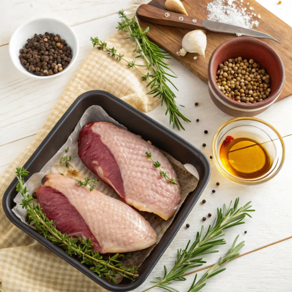 Frische Zutaten für die Zubereitung von Entenbrust im Airfryer auf einem Holztisch