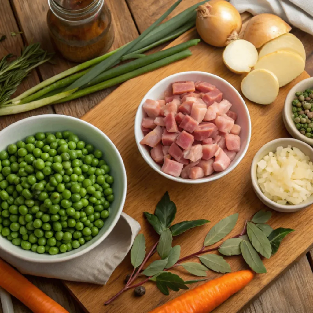 Frische Zutaten für einen traditionellen Erbseneintopf nach Bundeswehrrezept mit Erbsen, Gemüse und geräuchertem Fleisch