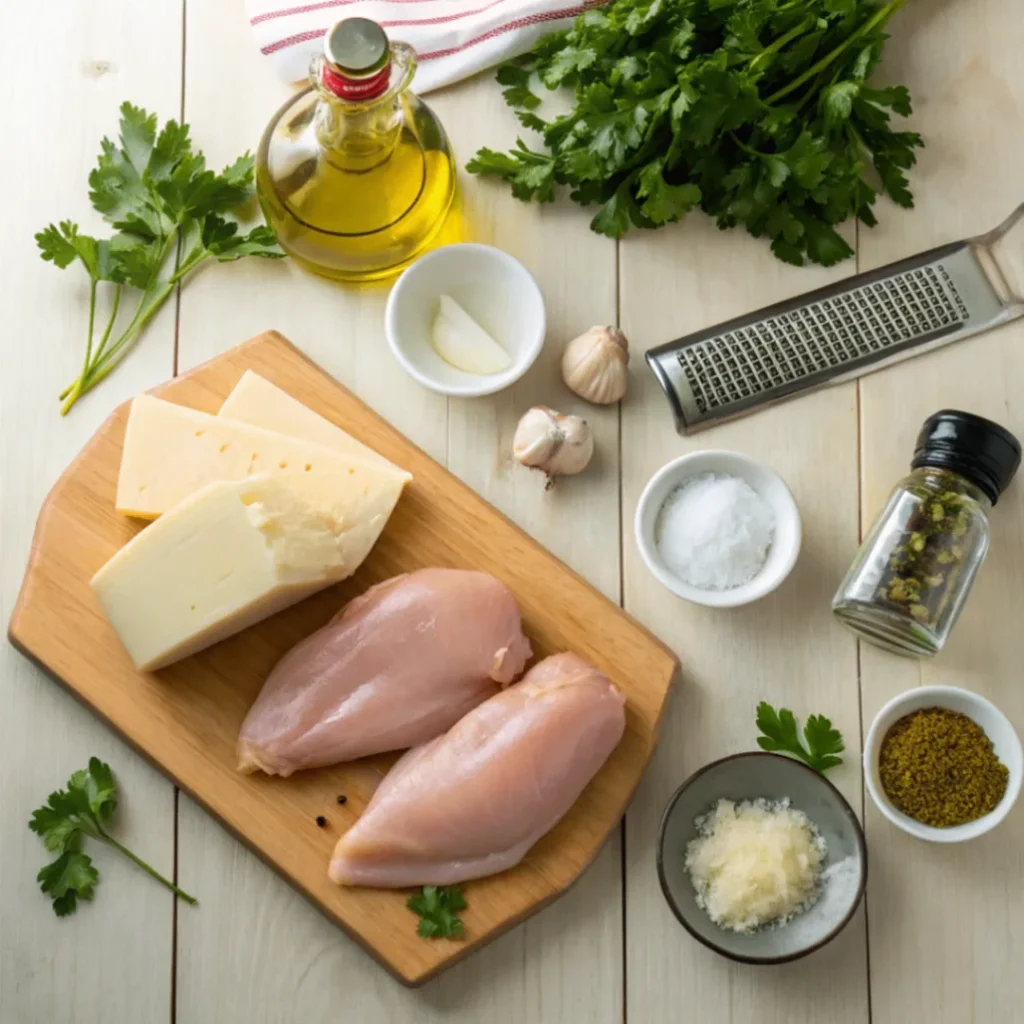 Frische Zutaten für Hähnchen mit Knoblauch-Parmesan Soße – Hähnchenbrust, Parmesan, Knoblauch, Sahne, Butter und Gewürze auf Holztisch