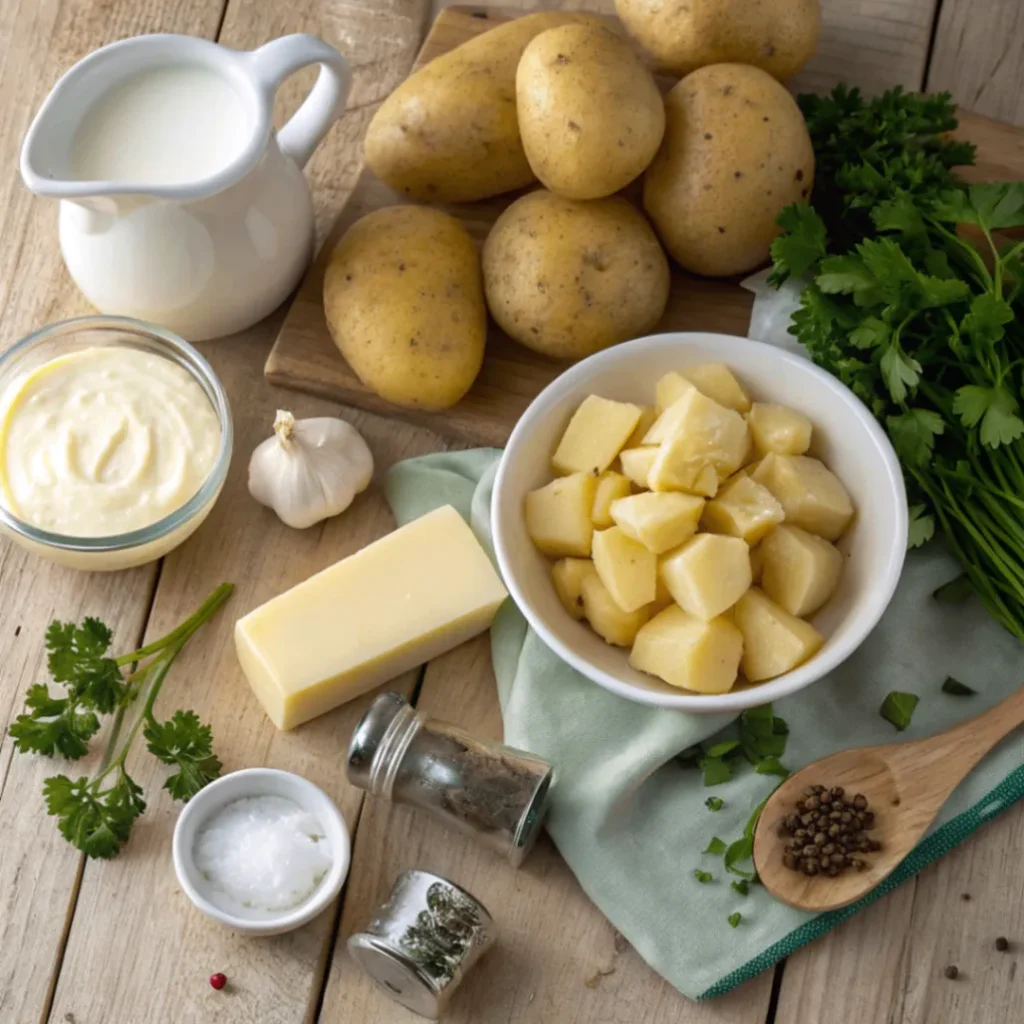 Frische Zutaten für Kartoffeln in cremiger Knoblauchsoße, darunter Kartoffeln, Knoblauch, Sahne und Gewürze