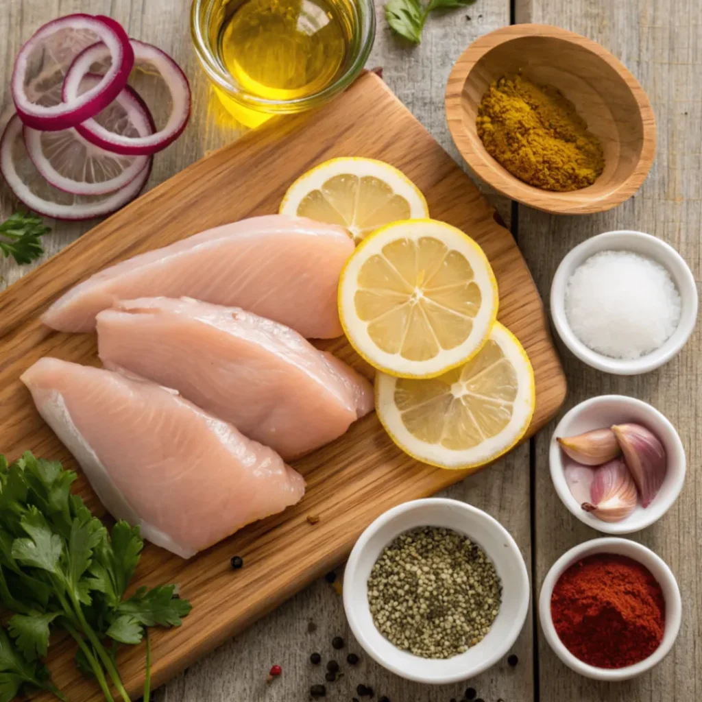 Frische Zutaten für Mediterranes Hähnchen-Gyros: Hähnchenbrust, Zitrone, Gewürze, Olivenöl und Zwiebeln