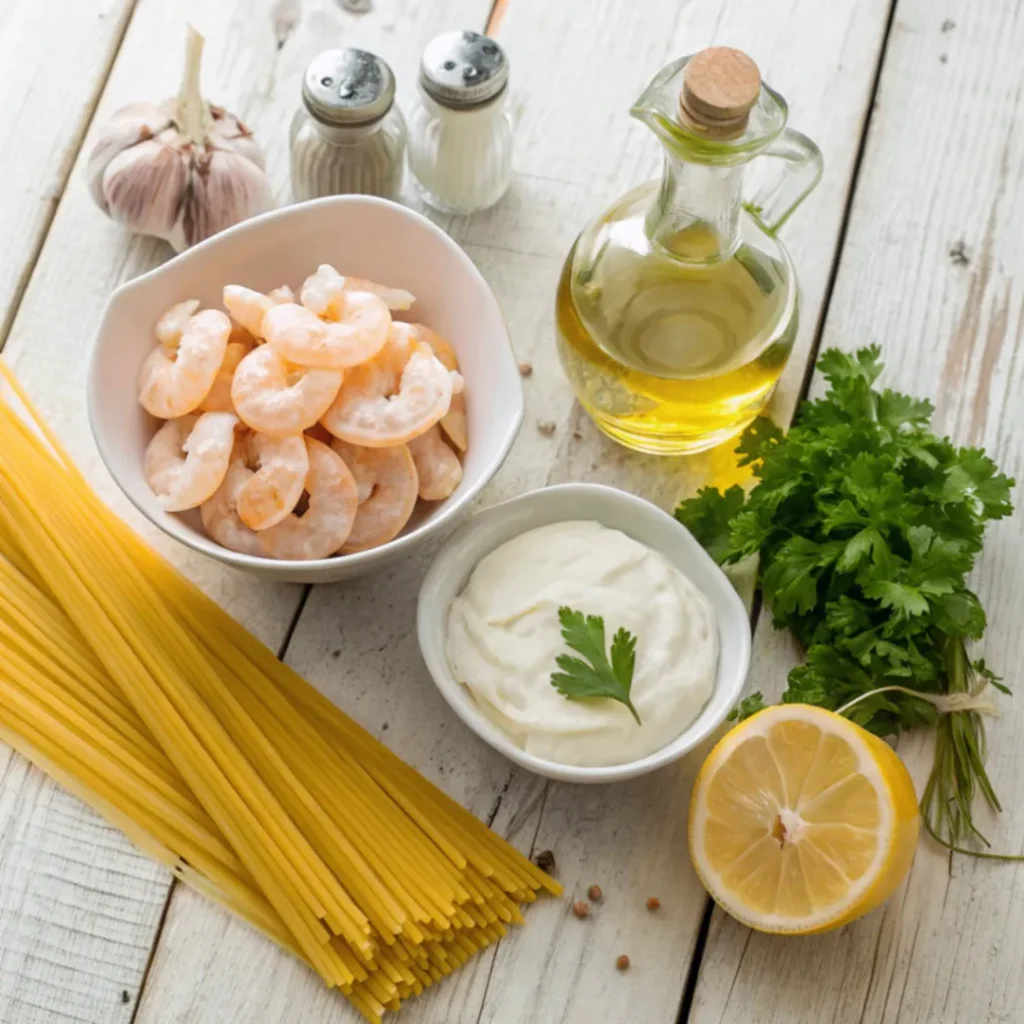 Alle frischen Zutaten für Spaghetti mit Garnelen in Frischkäsesauce auf einen Blick